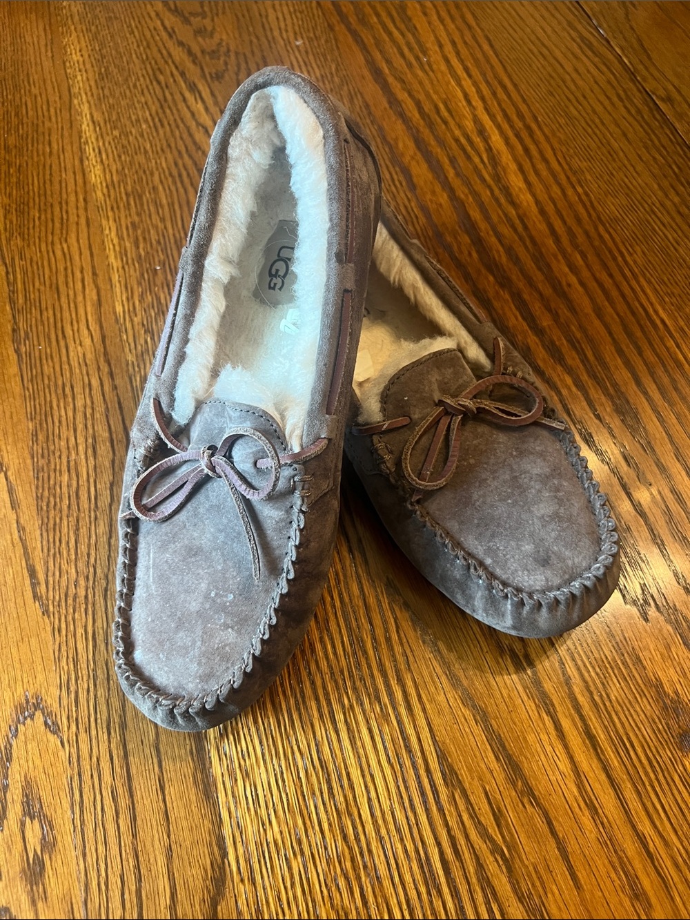 UGG Chestnut Brown Suede Moccasin Slippers with Shearling